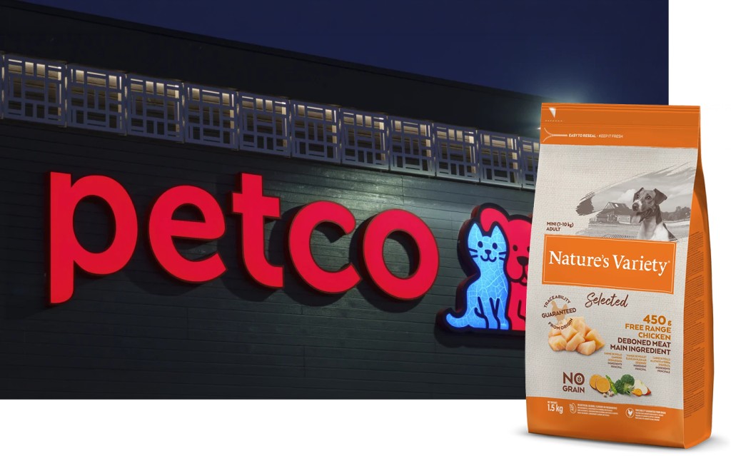 Petco storefront with a Nature's Variety pet food bag