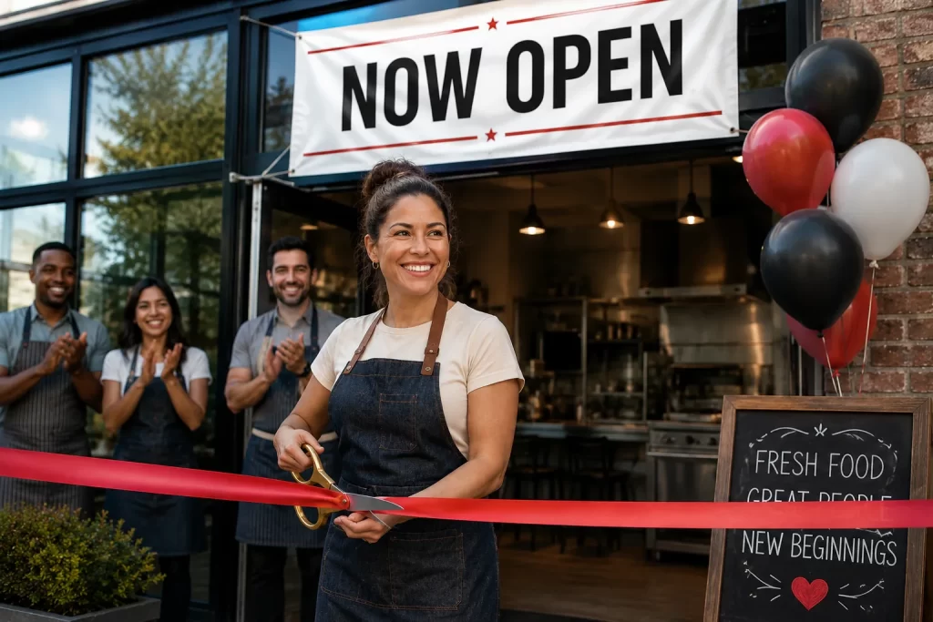 Woman cutting a ribbon at a restaurant grand opening