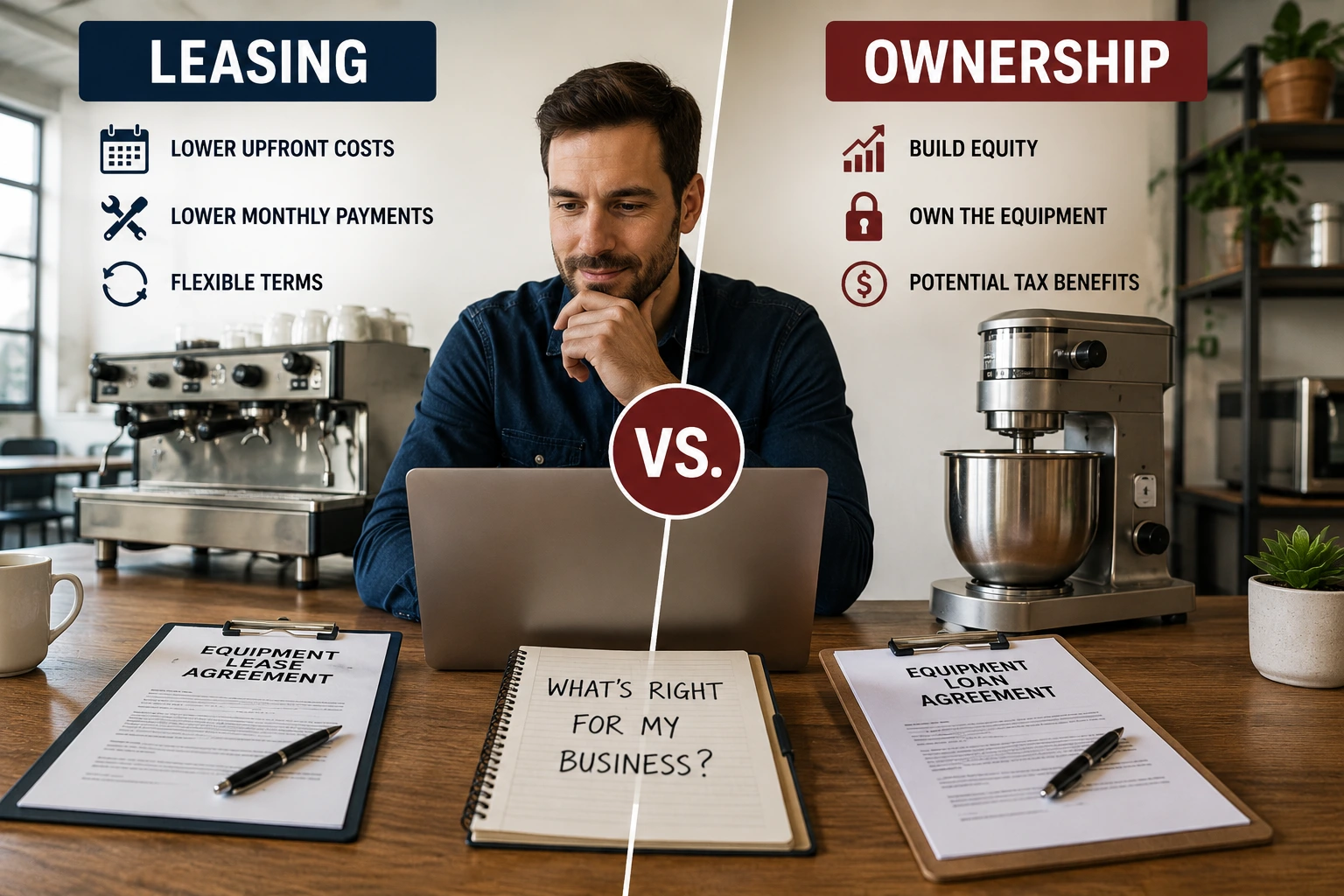 Business owner comparing equipment leasing versus equipment financing options