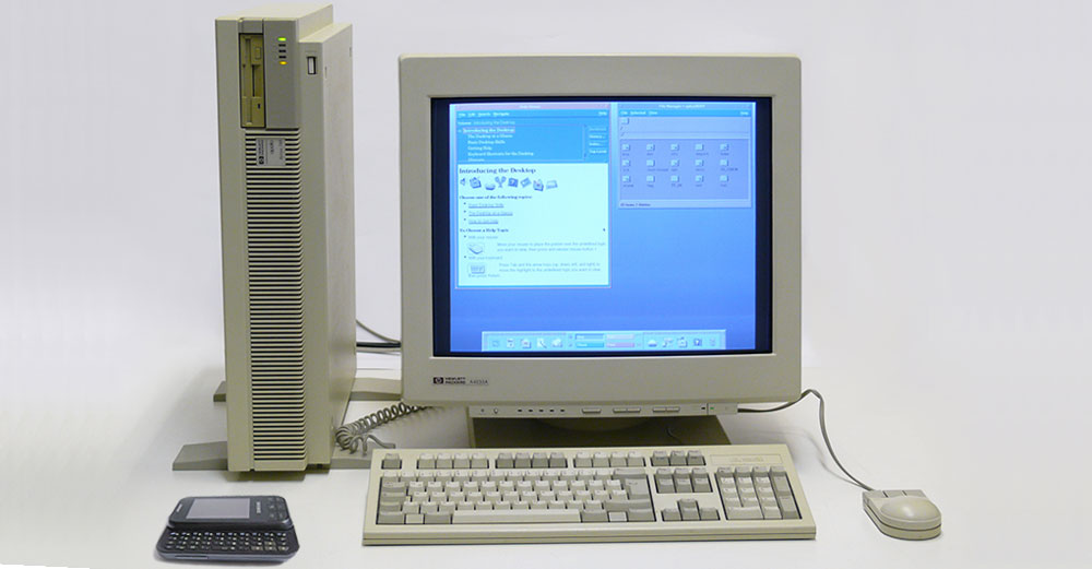 Desktop computer with a CRT monitor and keyboard
