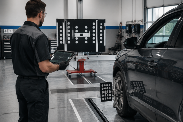 Technician using a tablet beside a vehicle calibration target