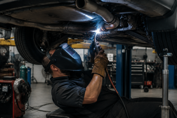 Welder working beneath a raised car