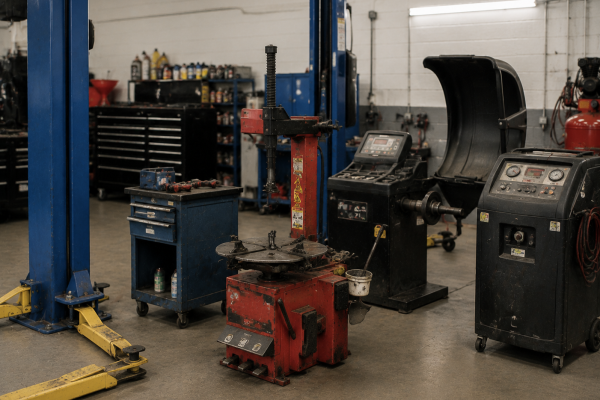 Vehicle lift and tire servicing tools in an auto workshop