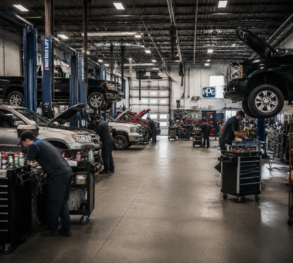 Cars and vehicle lifts in an active auto service shop