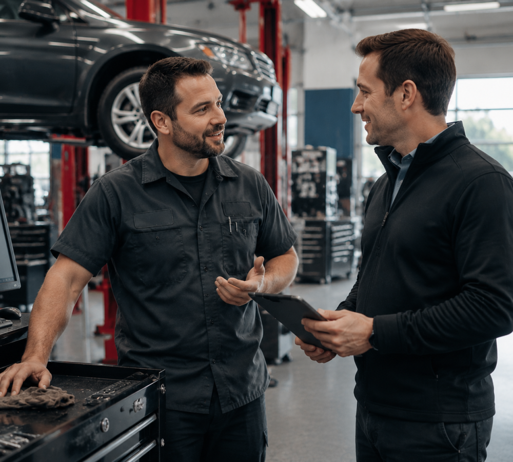 Two mechanics talking beside a vehicle in an auto shop