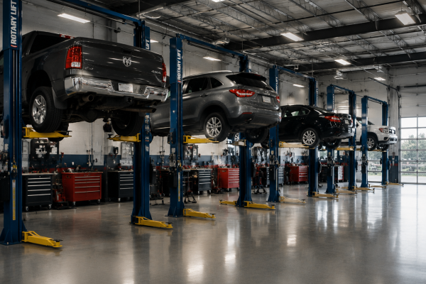 Vehicles raised on lifts in automotive service bays