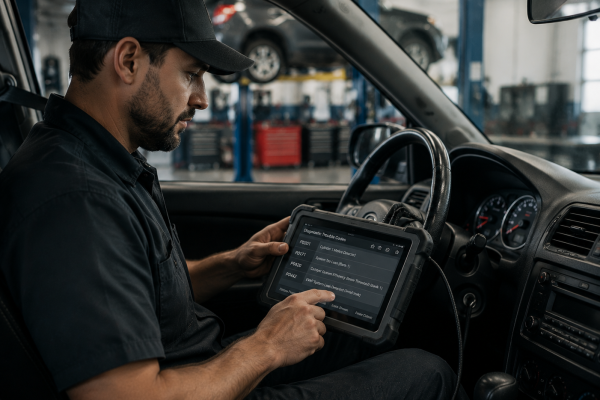 Mechanic using a diagnostic tablet inside a car