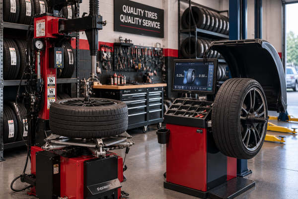 Tire changing and balancing equipment in an auto workshop