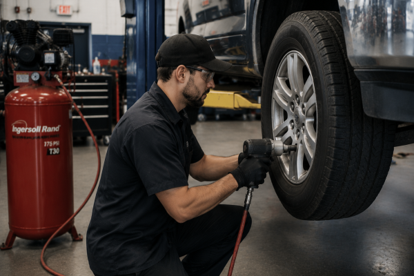 Mechanic working on a wheel beside an air compressor