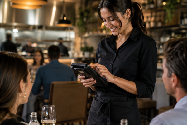 Restaurant server using a handheld point-of-sale device beside diners