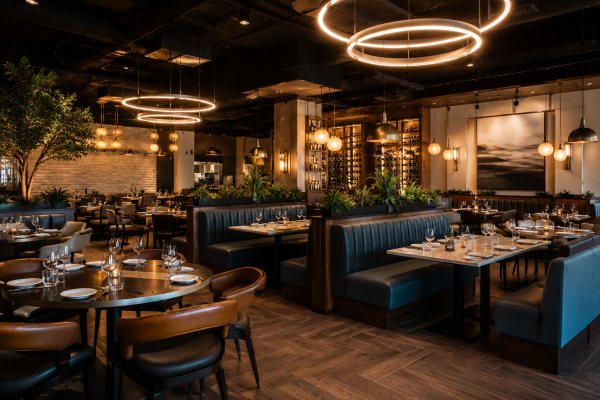 Restaurant dining room with booths and tables