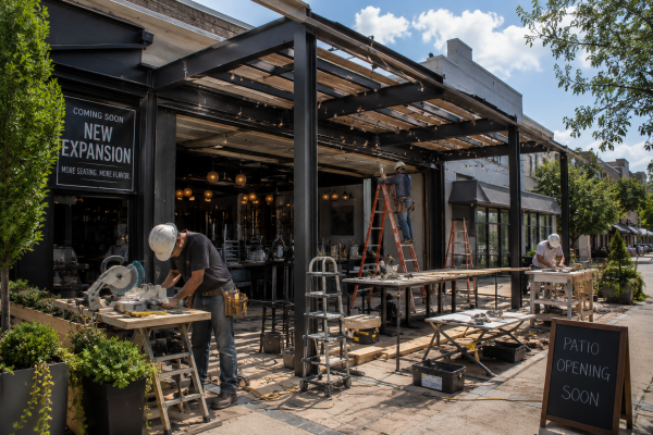 Workers building a restaurant patio extension