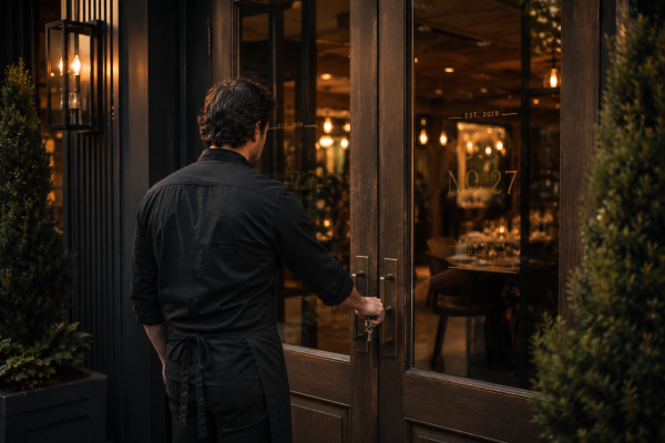 Worker opening a restaurant door