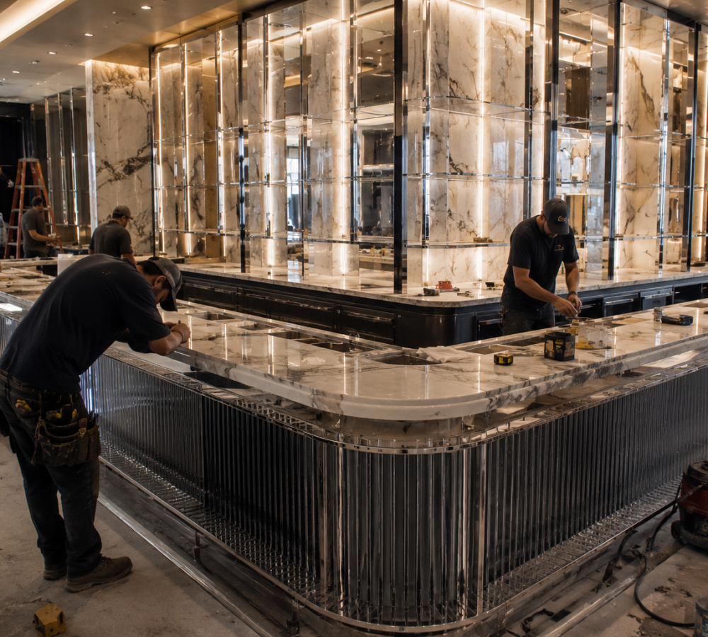 Contractors installing a counter during a restaurant renovation