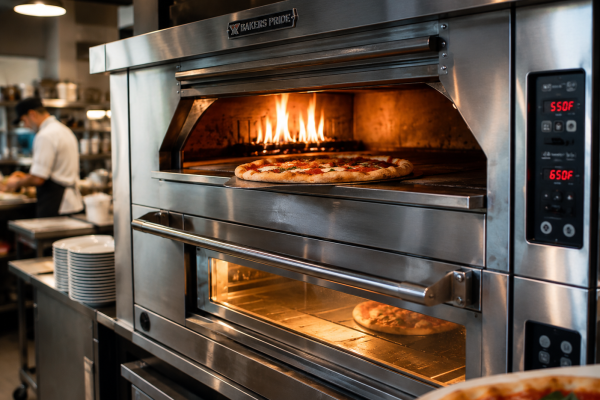 Pizzas cooking in a commercial oven