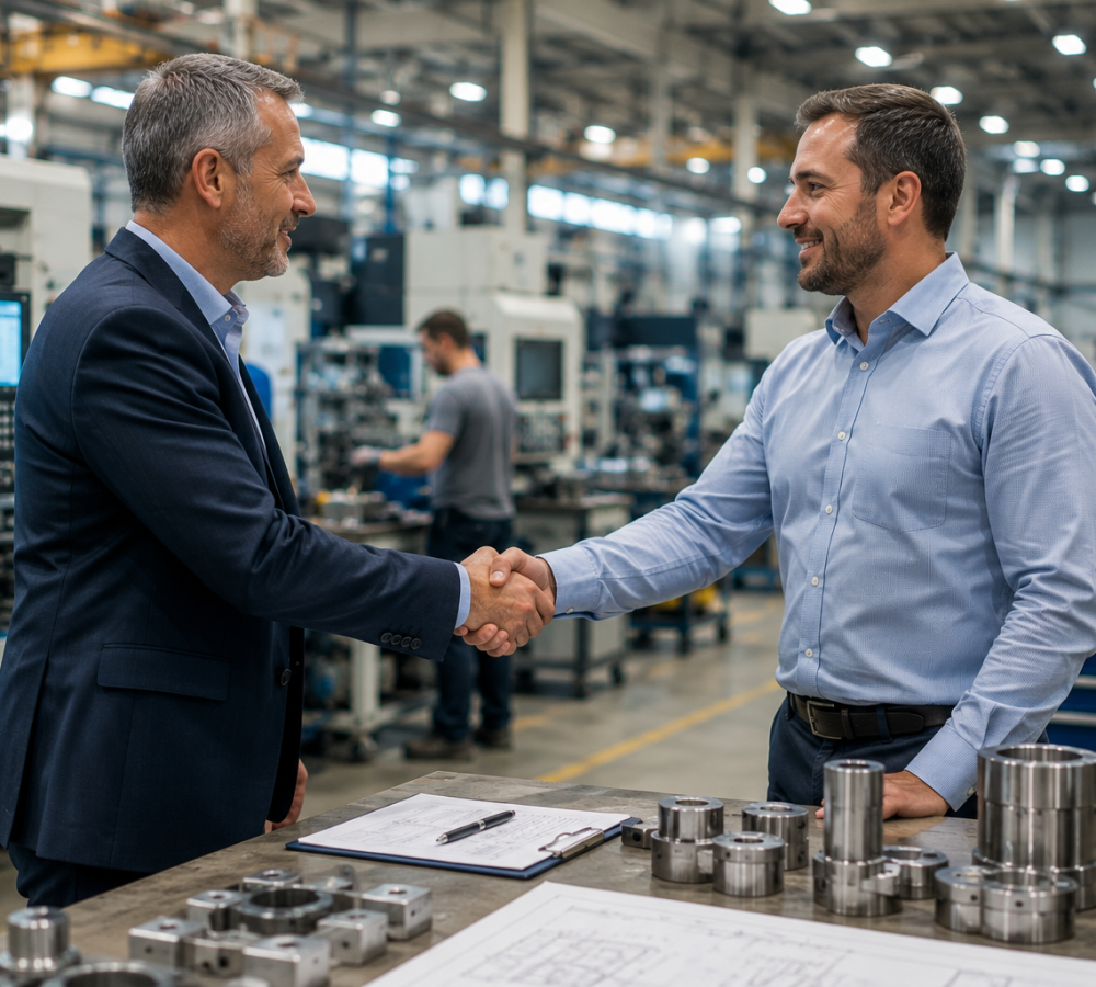 Two men shaking hands at a factory workbench