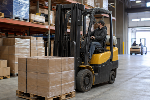 Forklift moving a pallet of boxes in a warehouse