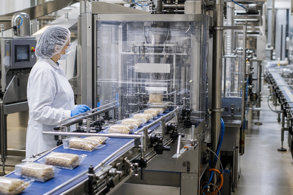 Worker beside an automated packaging line