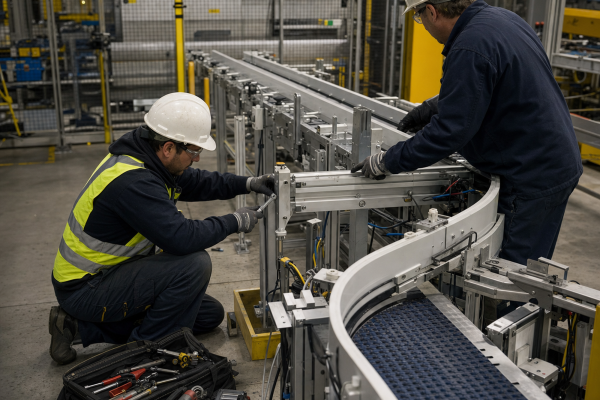 Two workers servicing a conveyor belt